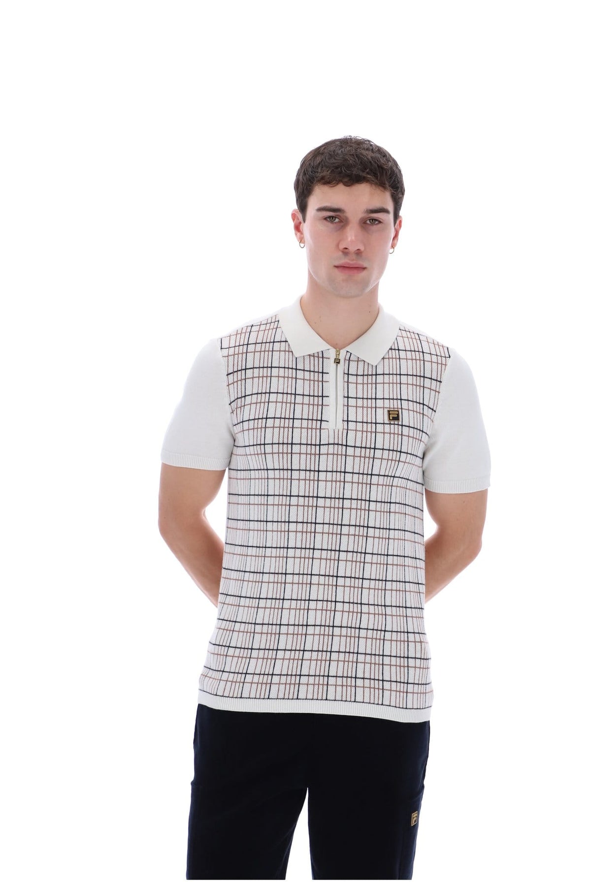 Enzo Knitted Check Zip Polo Bamboo Badge in White Down