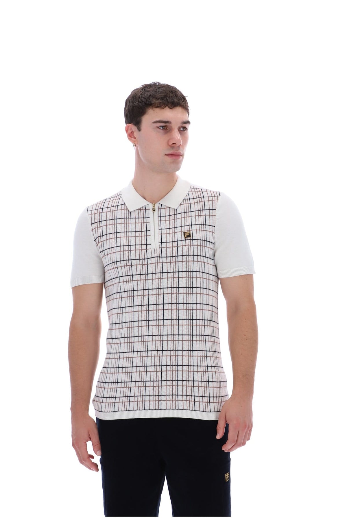 Enzo Knitted Check Zip Polo Bamboo Badge in White Down