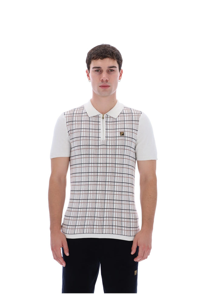 Enzo Knitted Check Zip Polo Bamboo Badge in White Down