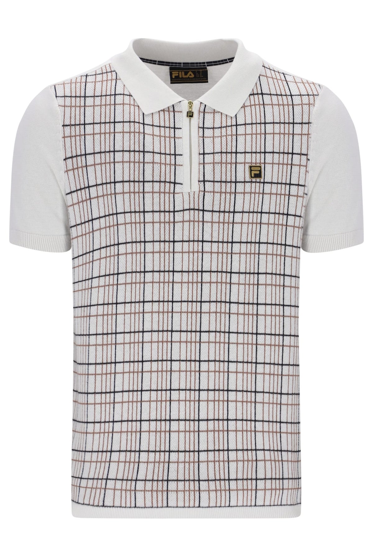 Enzo Knitted Check Zip Polo Bamboo Badge in White Down