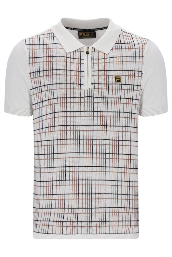 Enzo Knitted Check Zip Polo Bamboo Badge in White Down