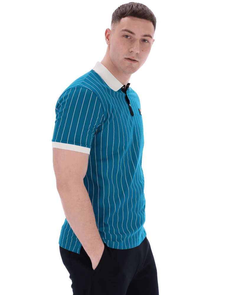 Fila Bb1 Classic Vintage Striped Polo In Deep Lagoon/Gardenia/Black