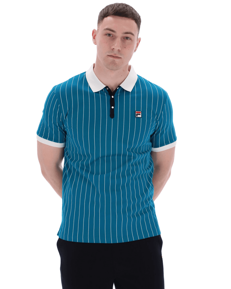 Fila Bb1 Classic Vintage Striped Polo In Deep Lagoon/Gardenia/Black