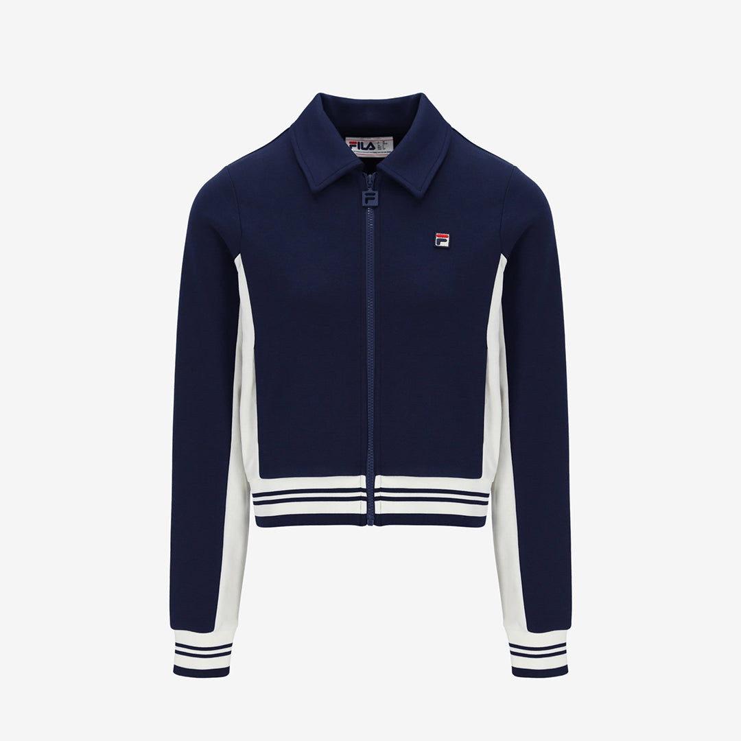 Jelena Cropped Zip Up Track Top Flat Lay Collar In Navy/Gardenia