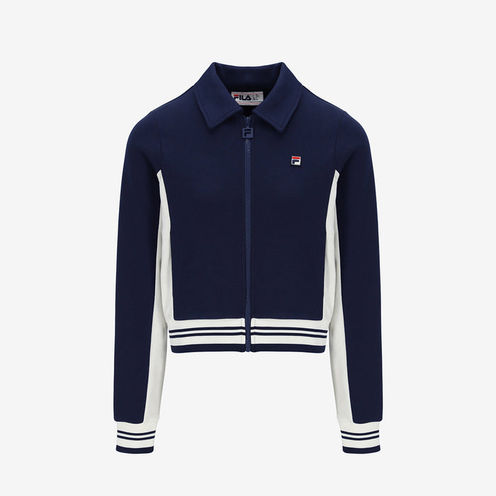 Jelena Cropped Zip Up Track Top Flat Lay Collar In Navy/Gardenia