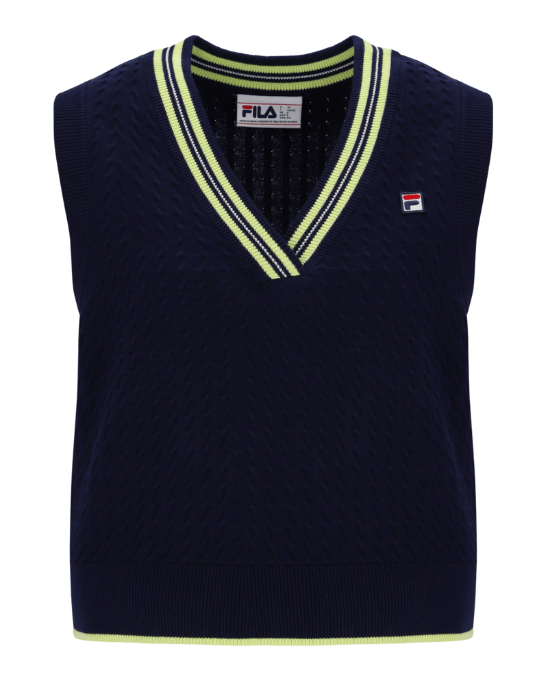 Fila Jorja Micro Cable Vest Yarn Dye Neck  Badge In Fila Navy/Shadow Lime/Gardenia