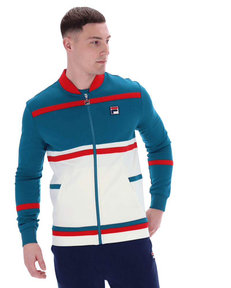 Fila Stefan Archive Cut And Sew Track Jacket In Deep Lagoon/Fila Red/Gardenia