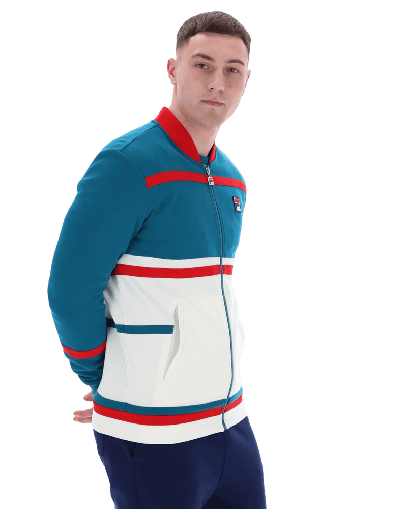 Fila Stefan Archive Cut And Sew Track Jacket In Deep Lagoon/Fila Red/Gardenia