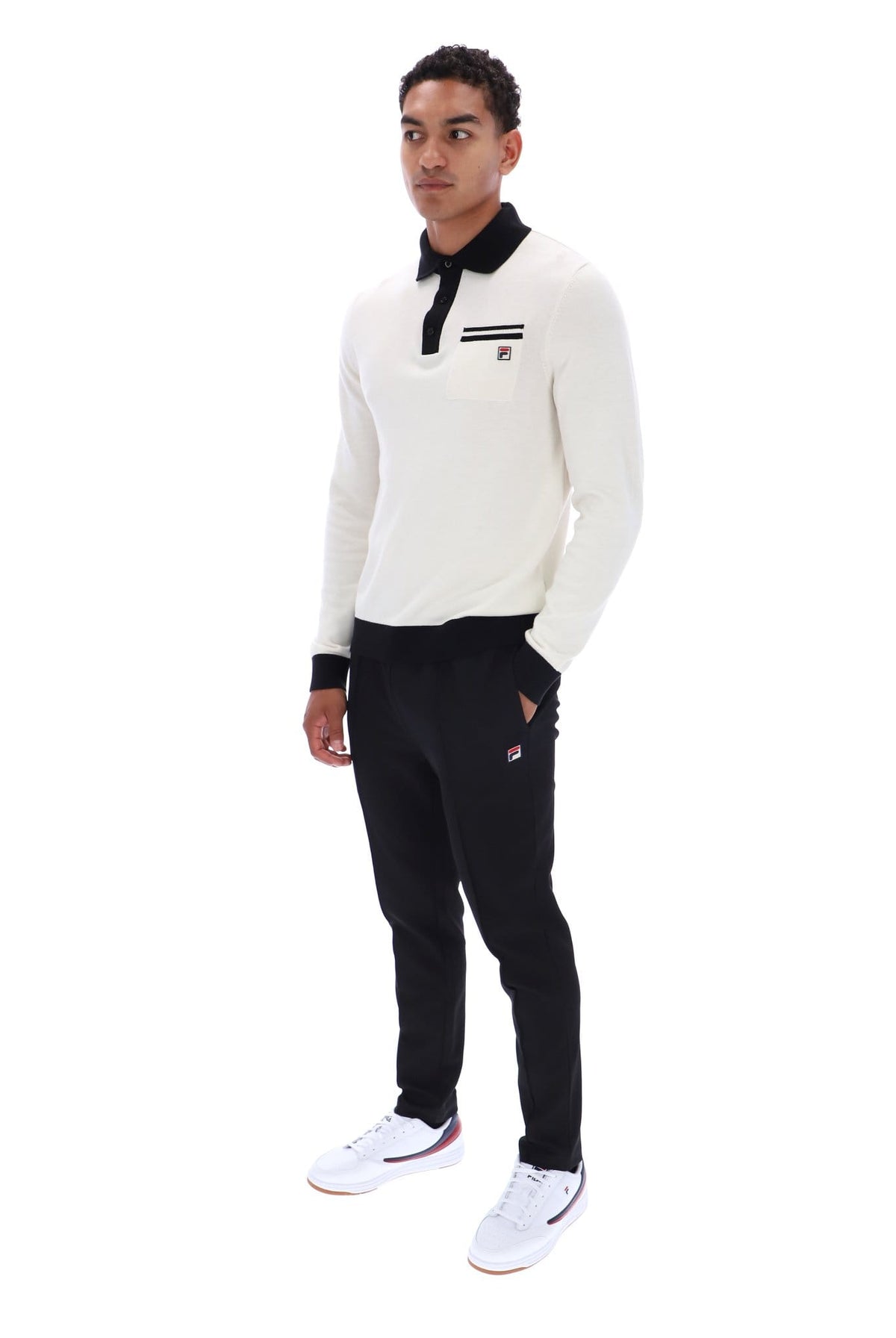 Francis knitted Long Sleeve Polo w Bamboo Badge in Gardenia/Black