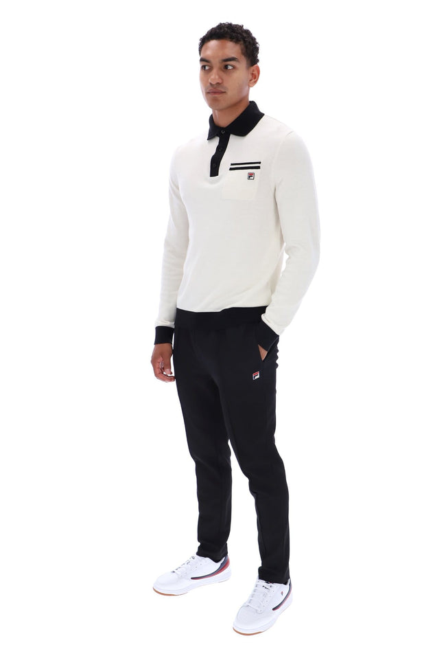 Francis knitted Long Sleeve Polo w Bamboo Badge in Gardenia/Black