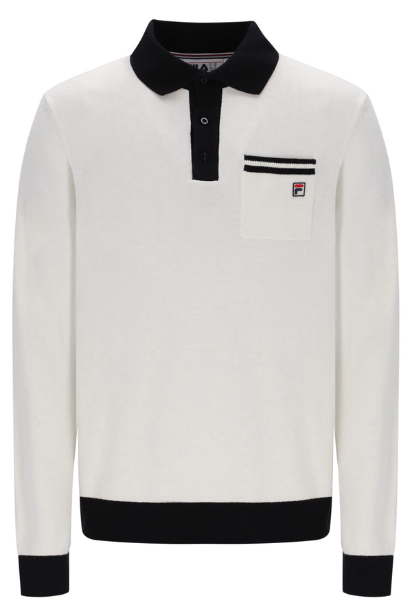 Francis knitted Long Sleeve Polo w Bamboo Badge in Gardenia/Black