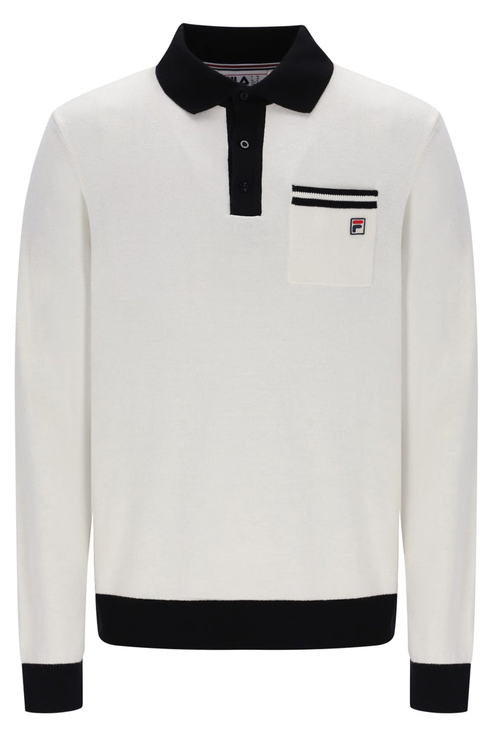 Francis knitted Long Sleeve Polo w Bamboo Badge in Gardenia/Black