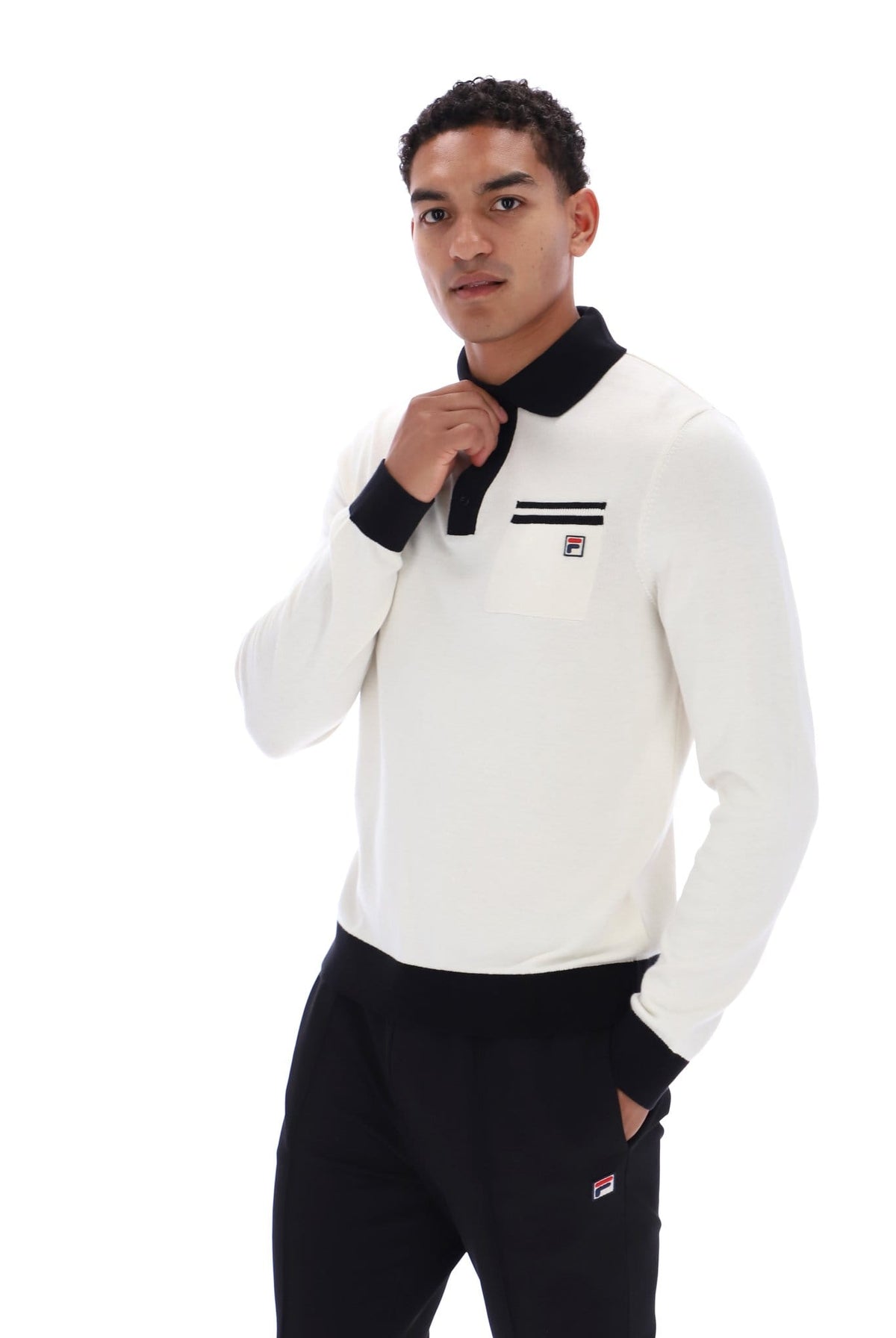 Francis knitted Long Sleeve Polo w Bamboo Badge in Gardenia/Black