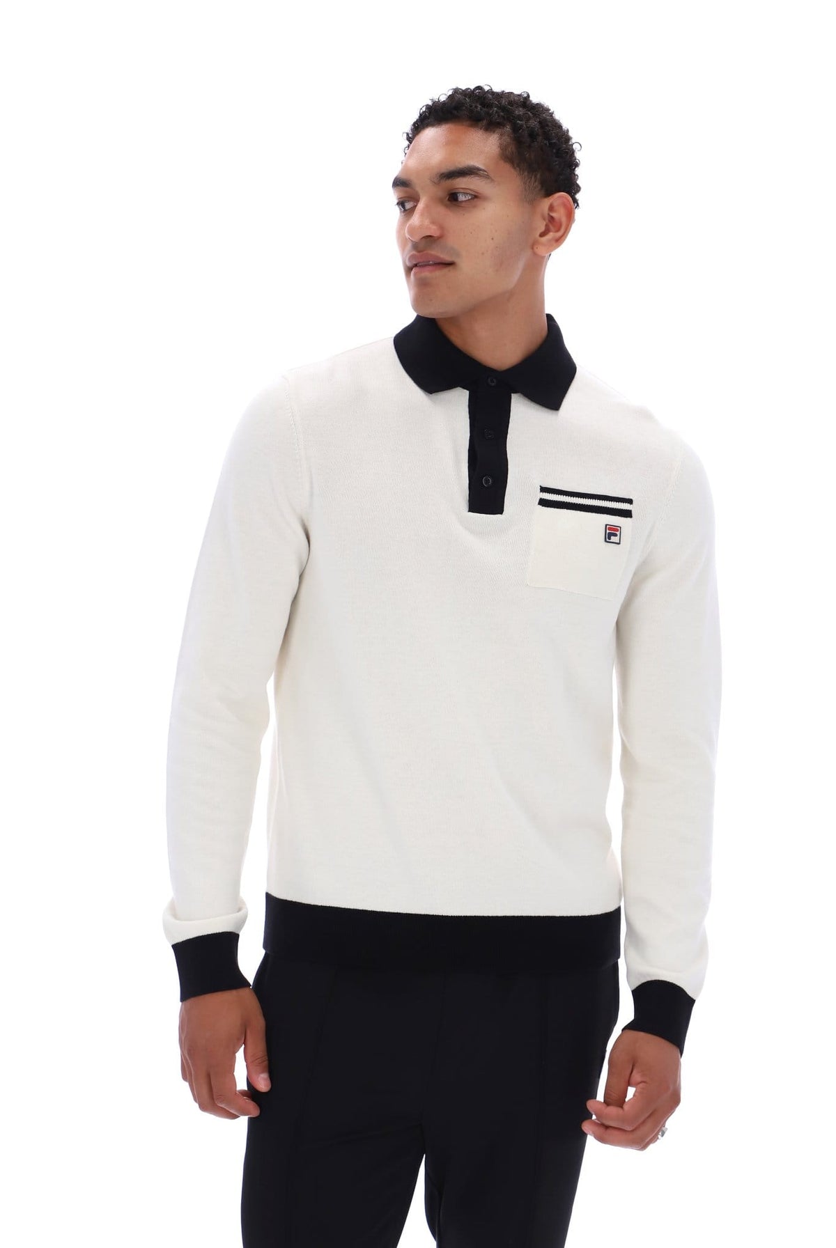 Francis knitted Long Sleeve Polo w Bamboo Badge in Gardenia/Black