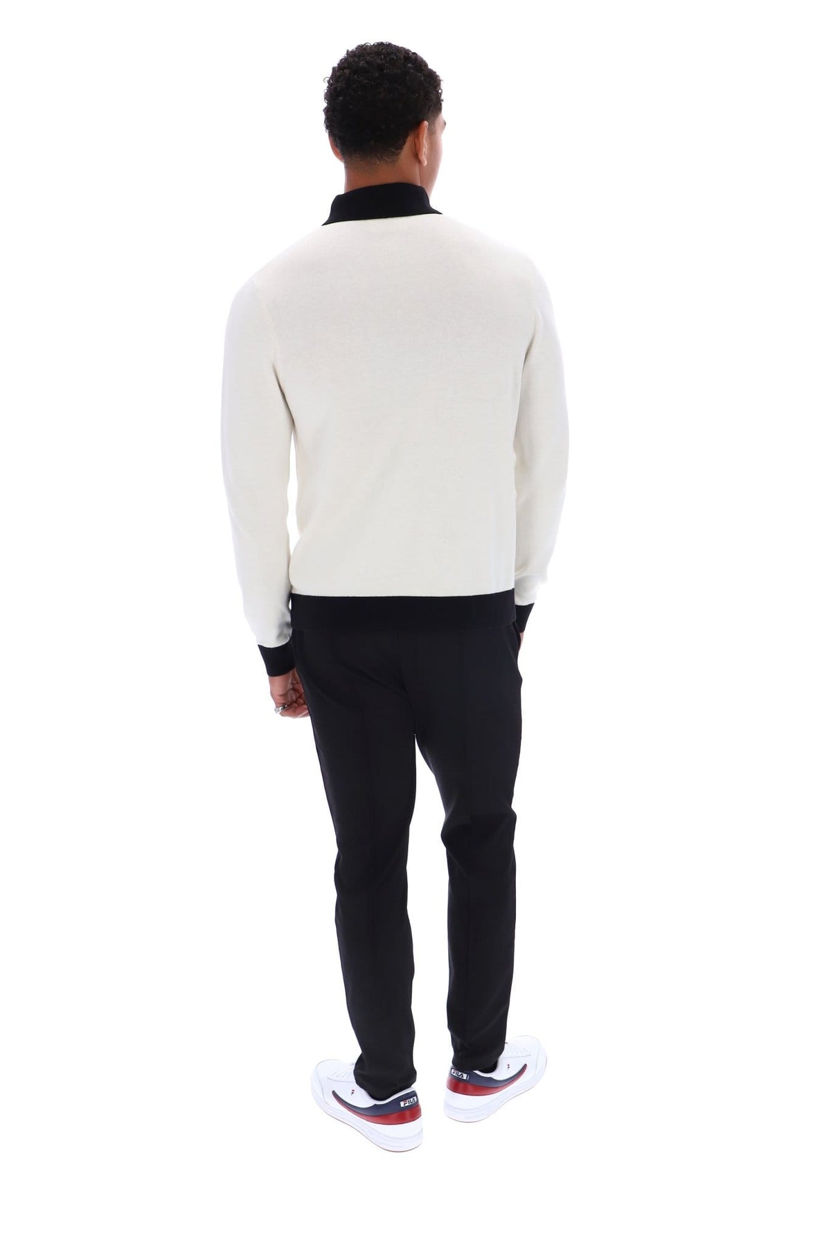 Francis knitted Long Sleeve Polo w Bamboo Badge in Gardenia/Black