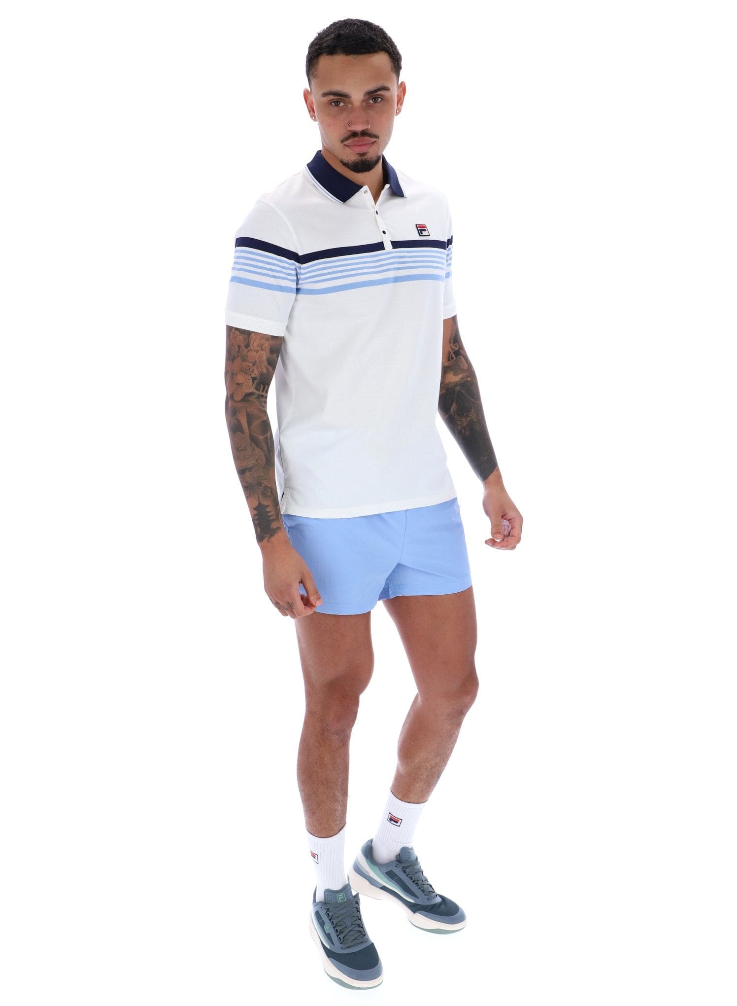 Francis Yarn Dye Stripe Polo In White/Fila Navy/Vista Blue