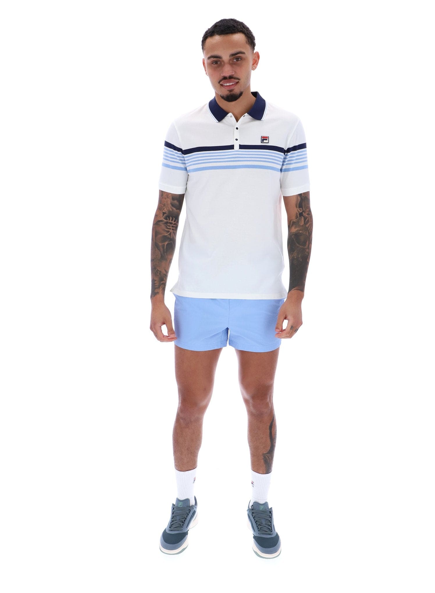 Francis Yarn Dye Stripe Polo In White/Fila Navy/Vista Blue