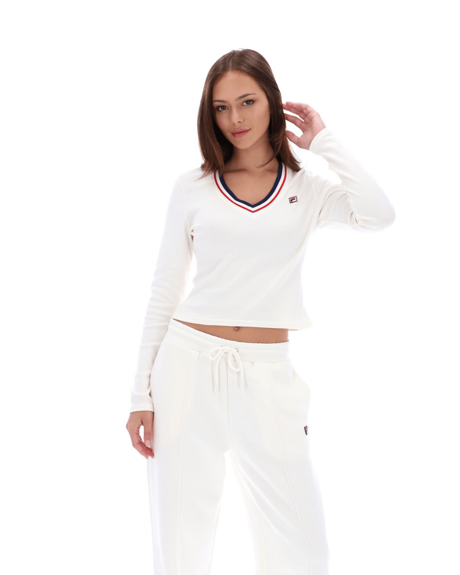 Heath Classic V Neck Ls Top in Gardenia/Navy/Red