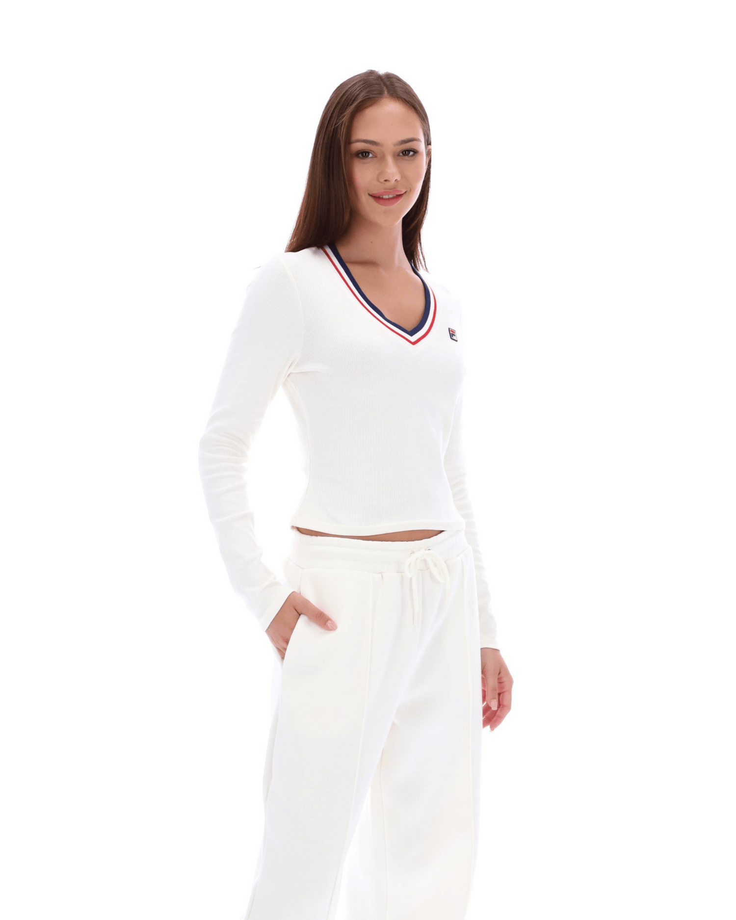 Heath Classic V Neck Ls Top in Gardenia/Navy/Red