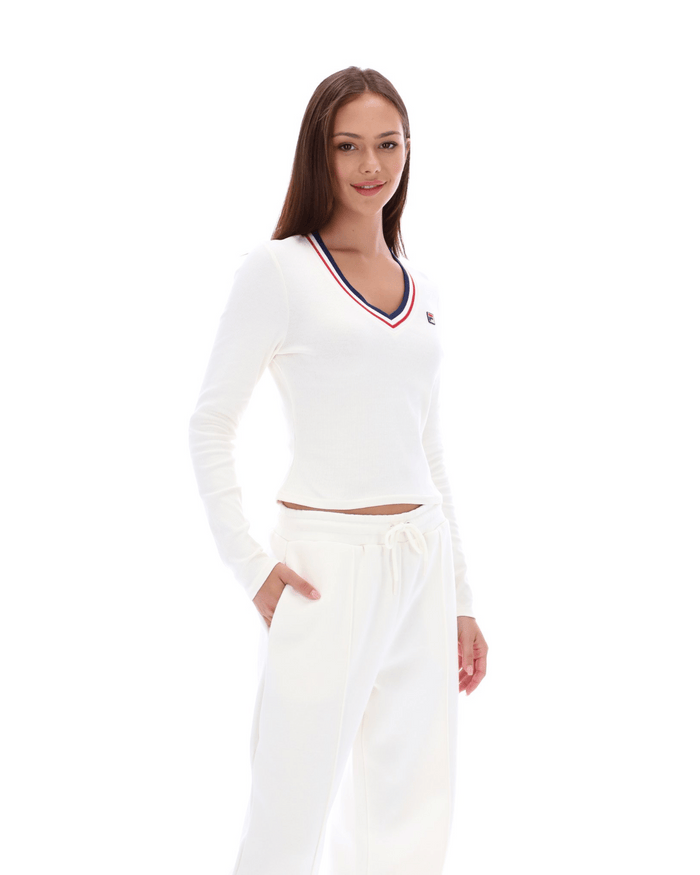 Heath Classic V Neck Ls Top in Gardenia/Navy/Red