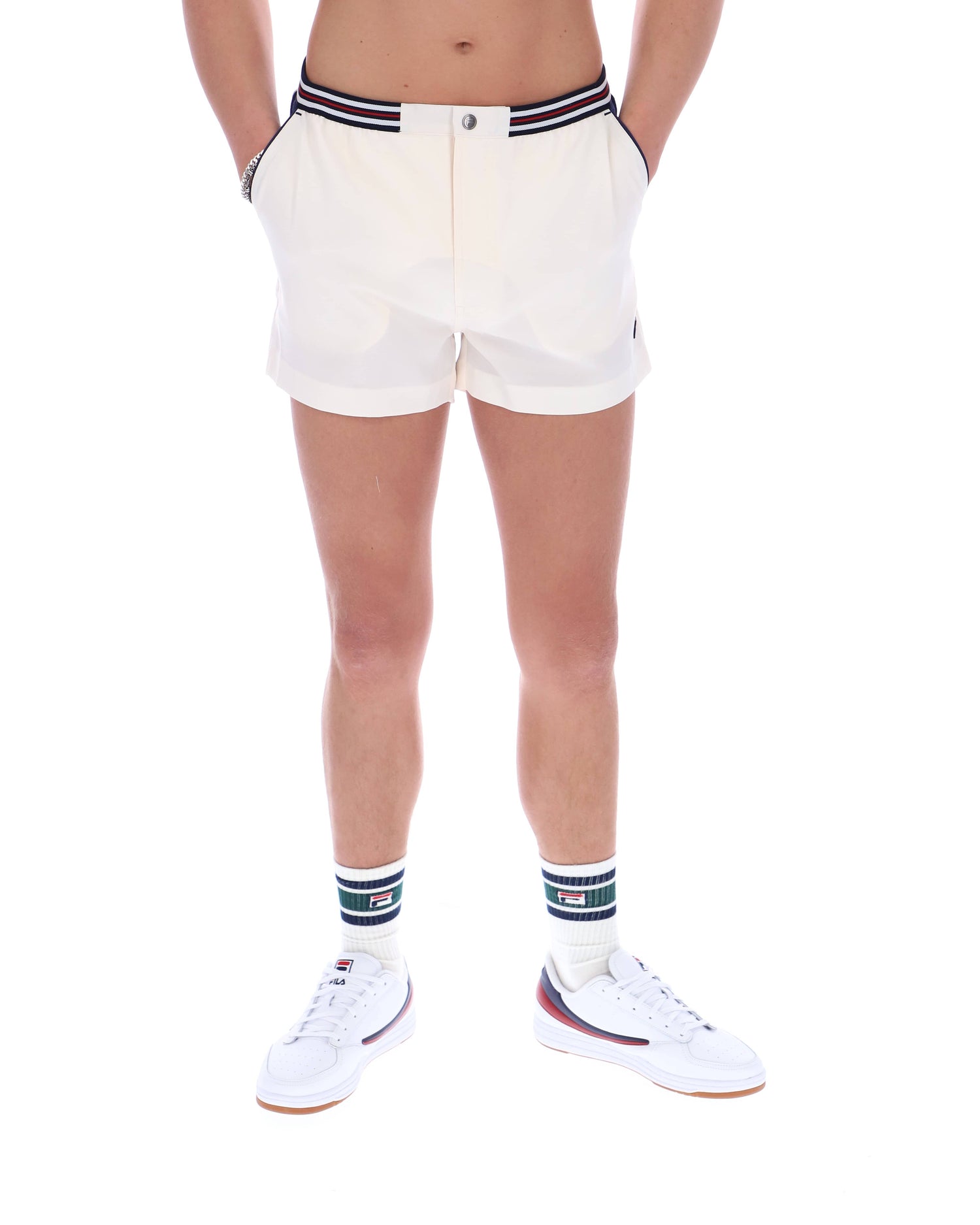Hightide Terry Pocket Stripe Shorts in Gardenia/Fila Navy