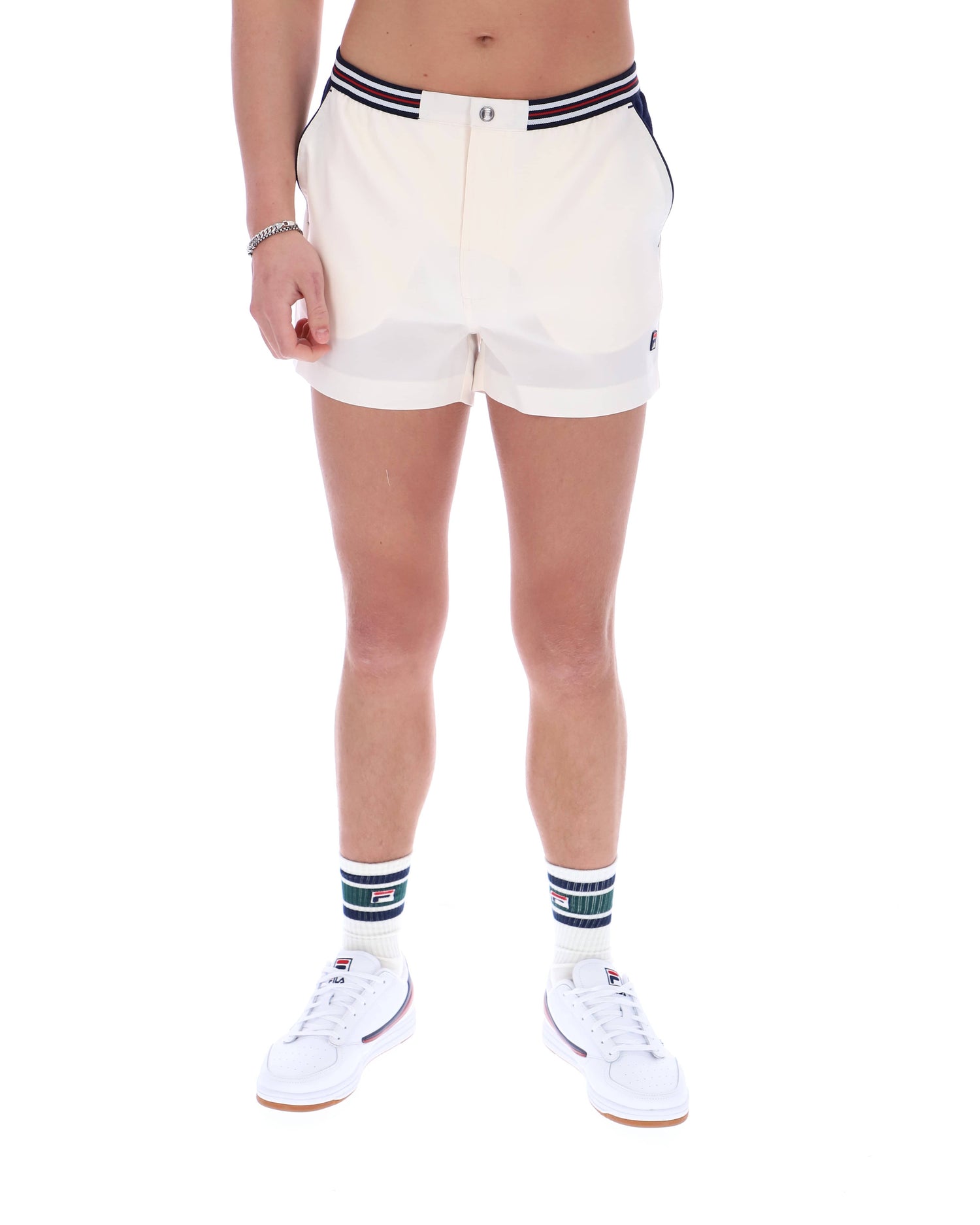 Hightide Terry Pocket Stripe Shorts in Gardenia/Fila Navy