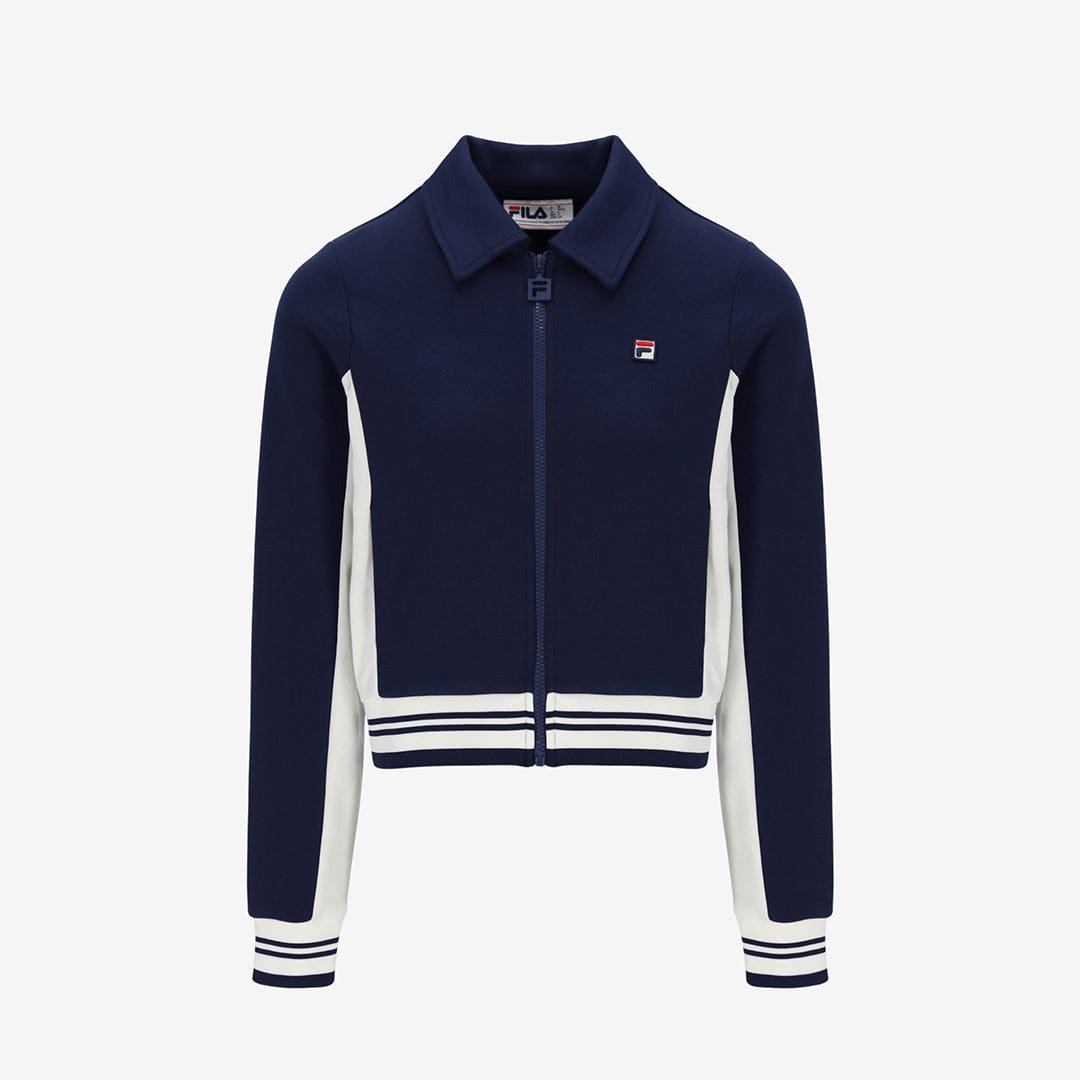 Jelena Cropped Zip Up Track Top Flat Lay Collar In Navy/Gardenia