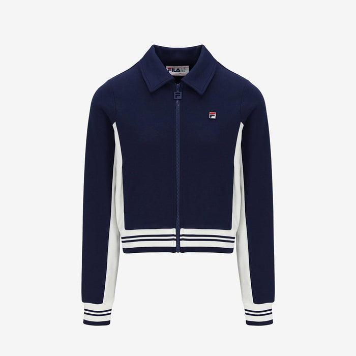 Jelena Cropped Zip Up Track Top Flat Lay Collar In Navy/Gardenia