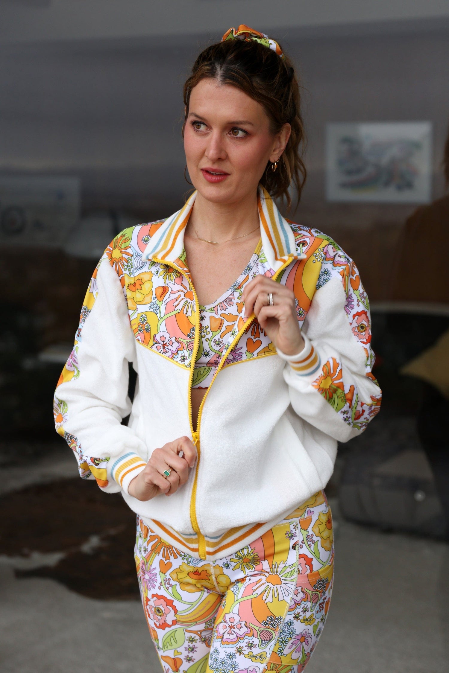 Melty Racquet Floral Printed Unisexy White Track Jacket
