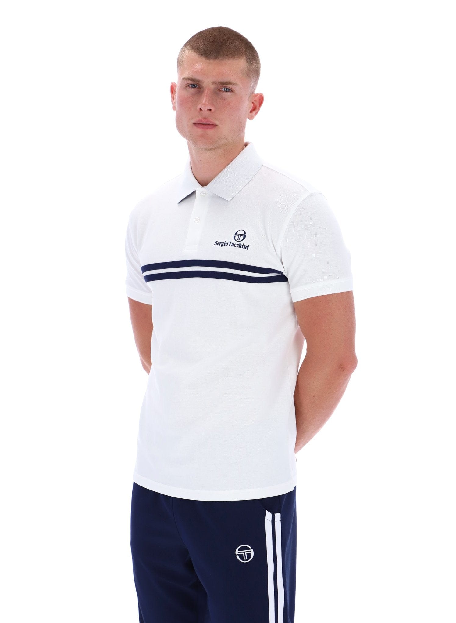 New Supermac Polo Shirt in White/Martime Blue — Golden Age of Tennis