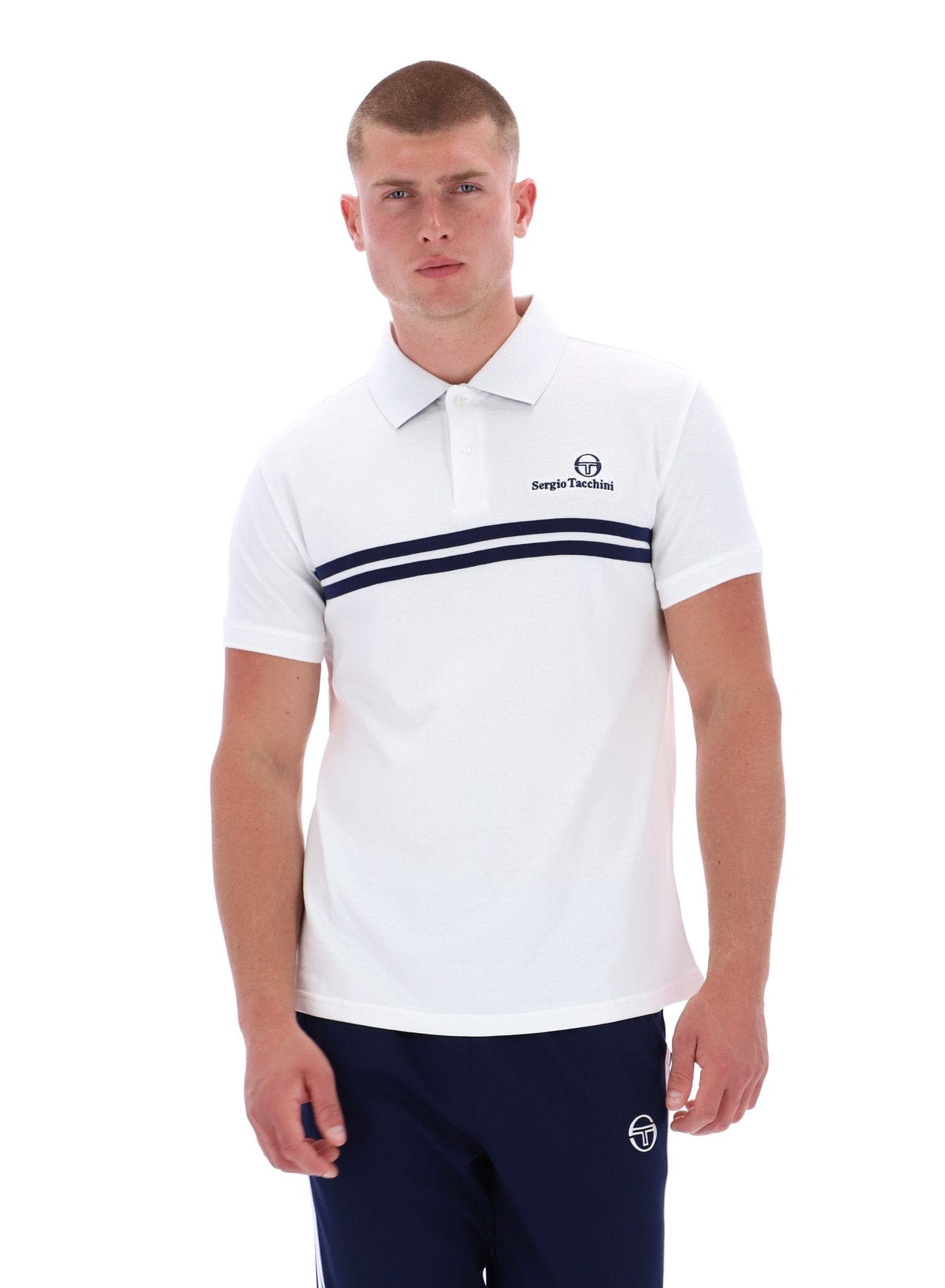New Supermac Polo Shirt in White/Martime Blue — Golden Age of Tennis