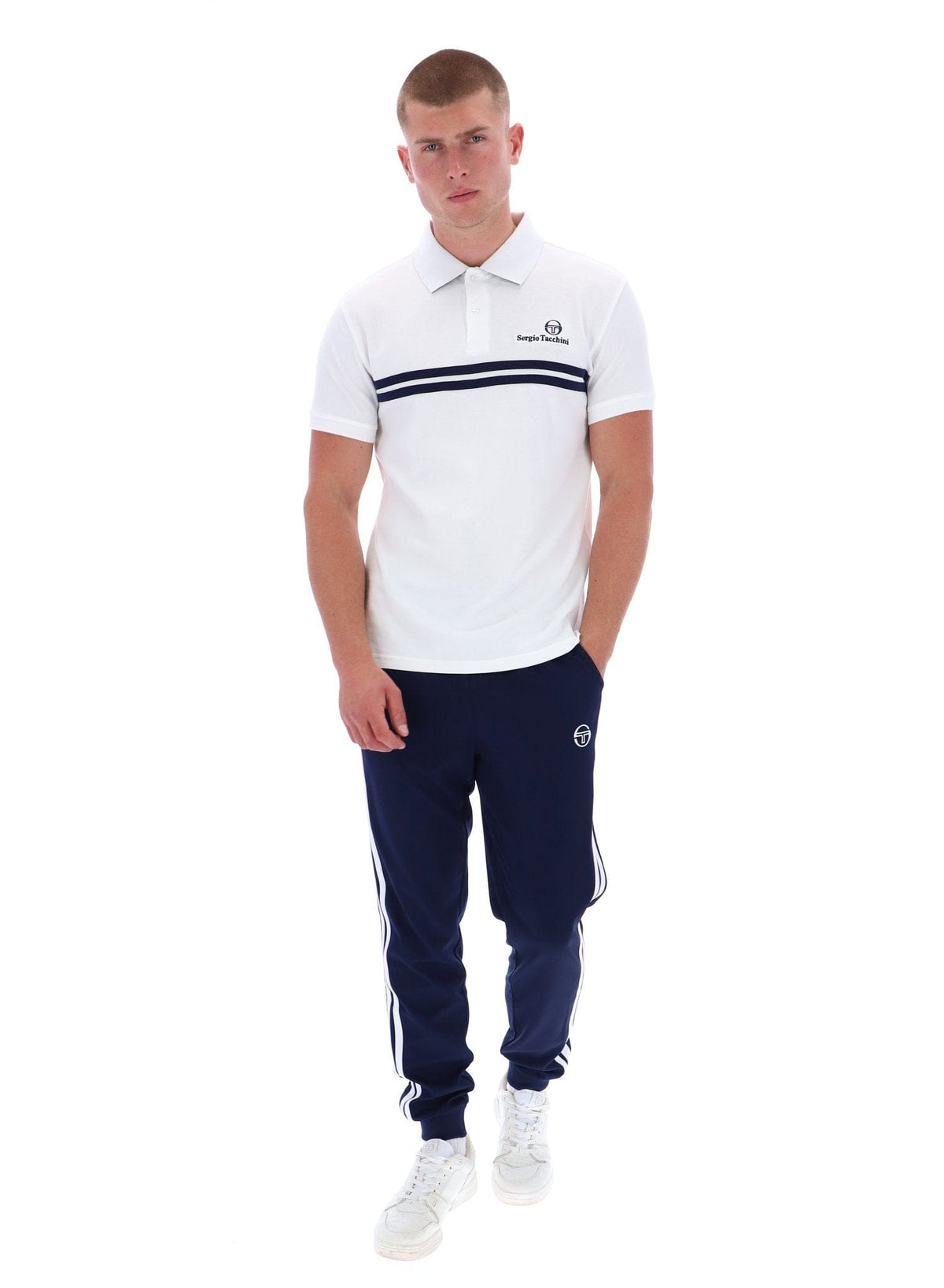 New Supermac Polo Shirt in White/Martime Blue — Golden Age of Tennis