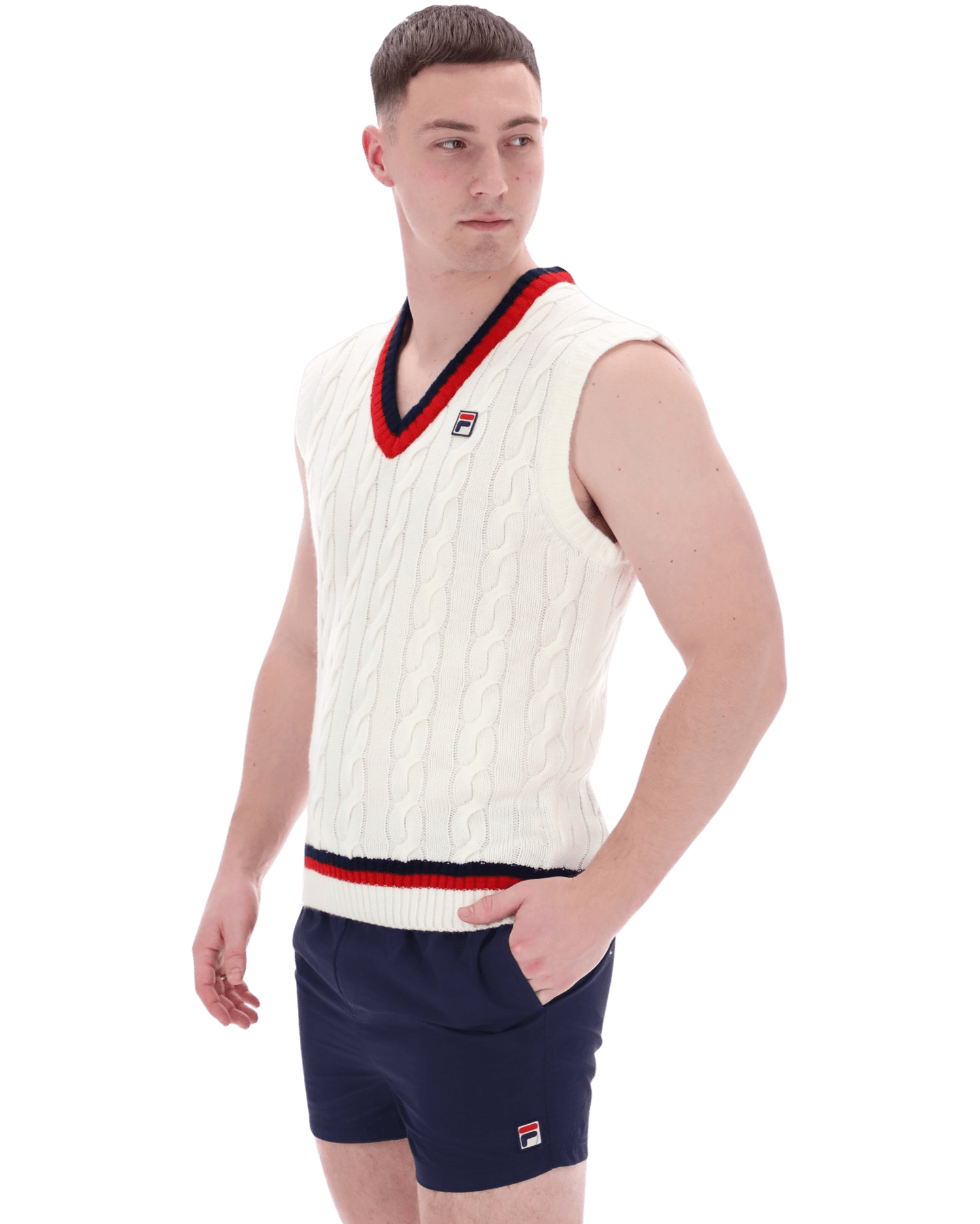 Rufus Archive Cable Knit Vest In Gardenia/Navy/Red