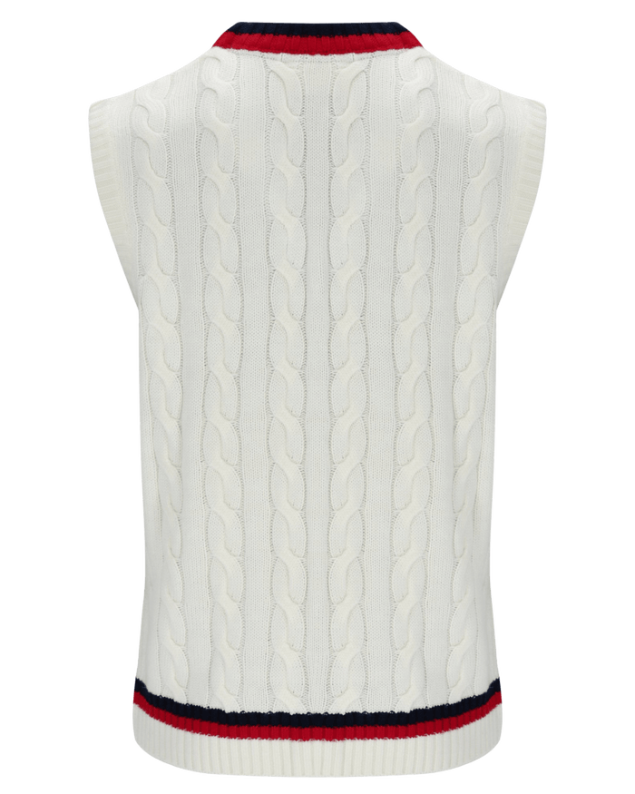 Rufus Archive Cable Knit Vest In Gardenia/Navy/Red