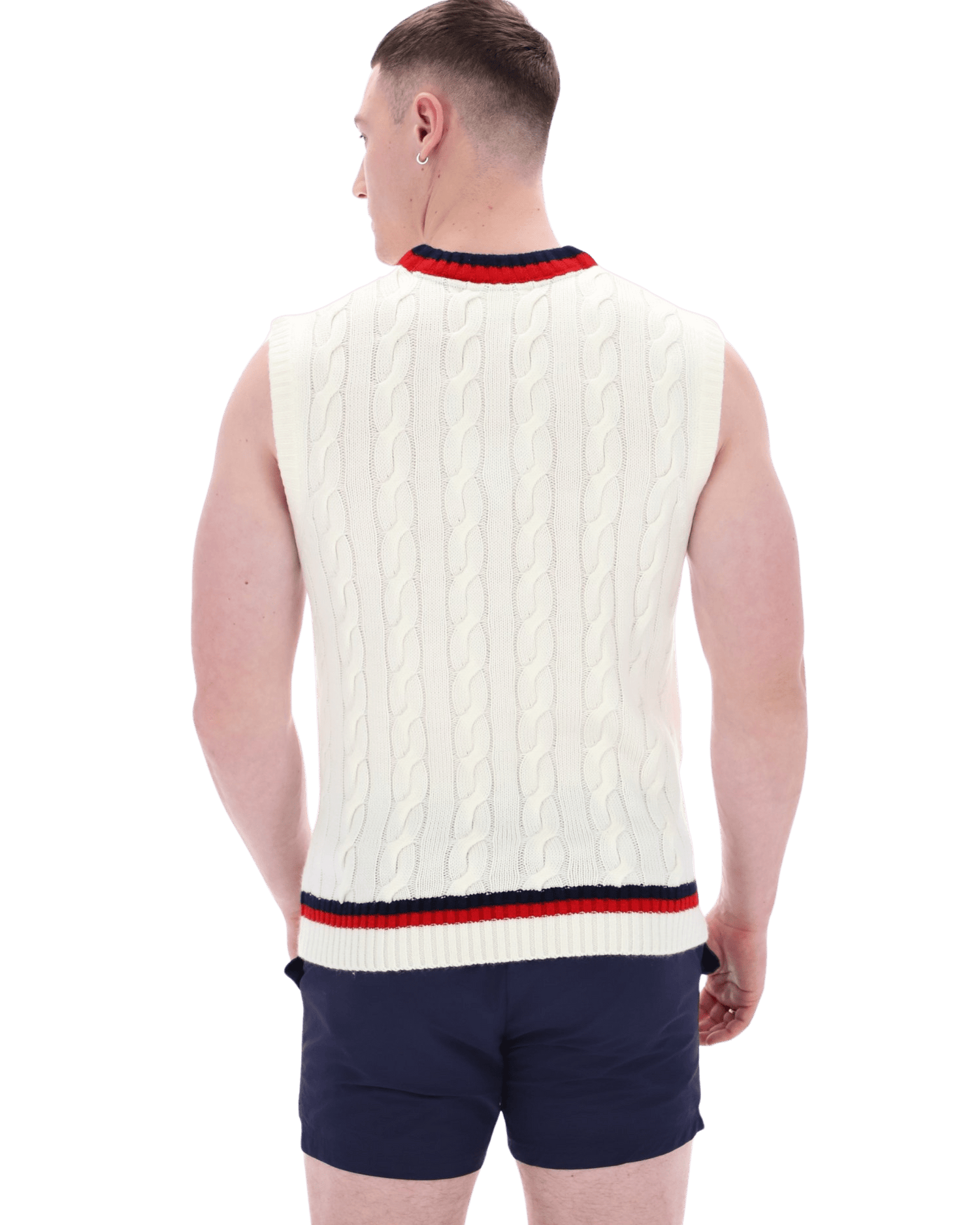 Rufus Archive Cable Knit Vest In Gardenia/Navy/Red