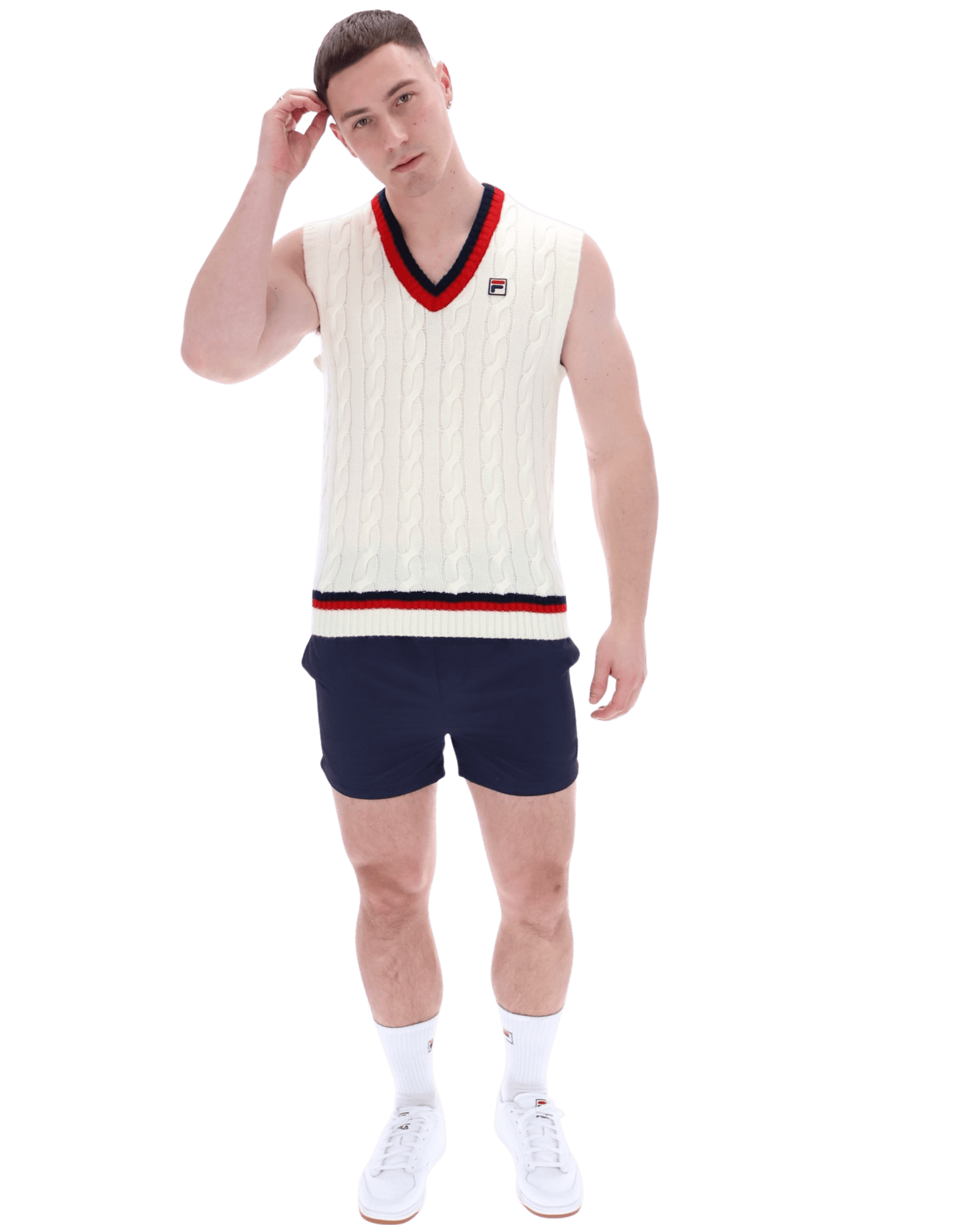 Rufus Archive Cable Knit Vest In Gardenia/Navy/Red