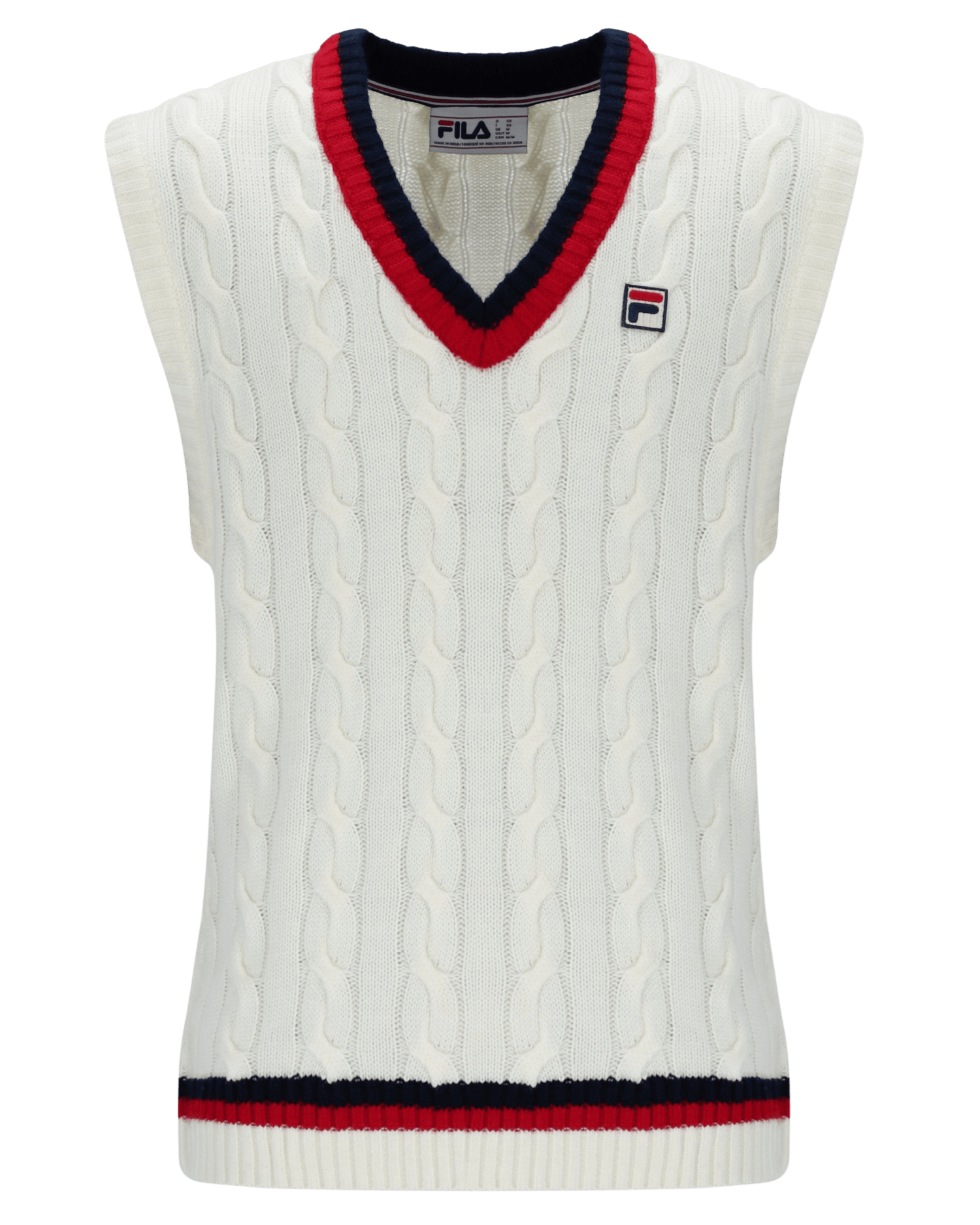 Rufus Archive Cable Knit Vest In Gardenia/Navy/Red