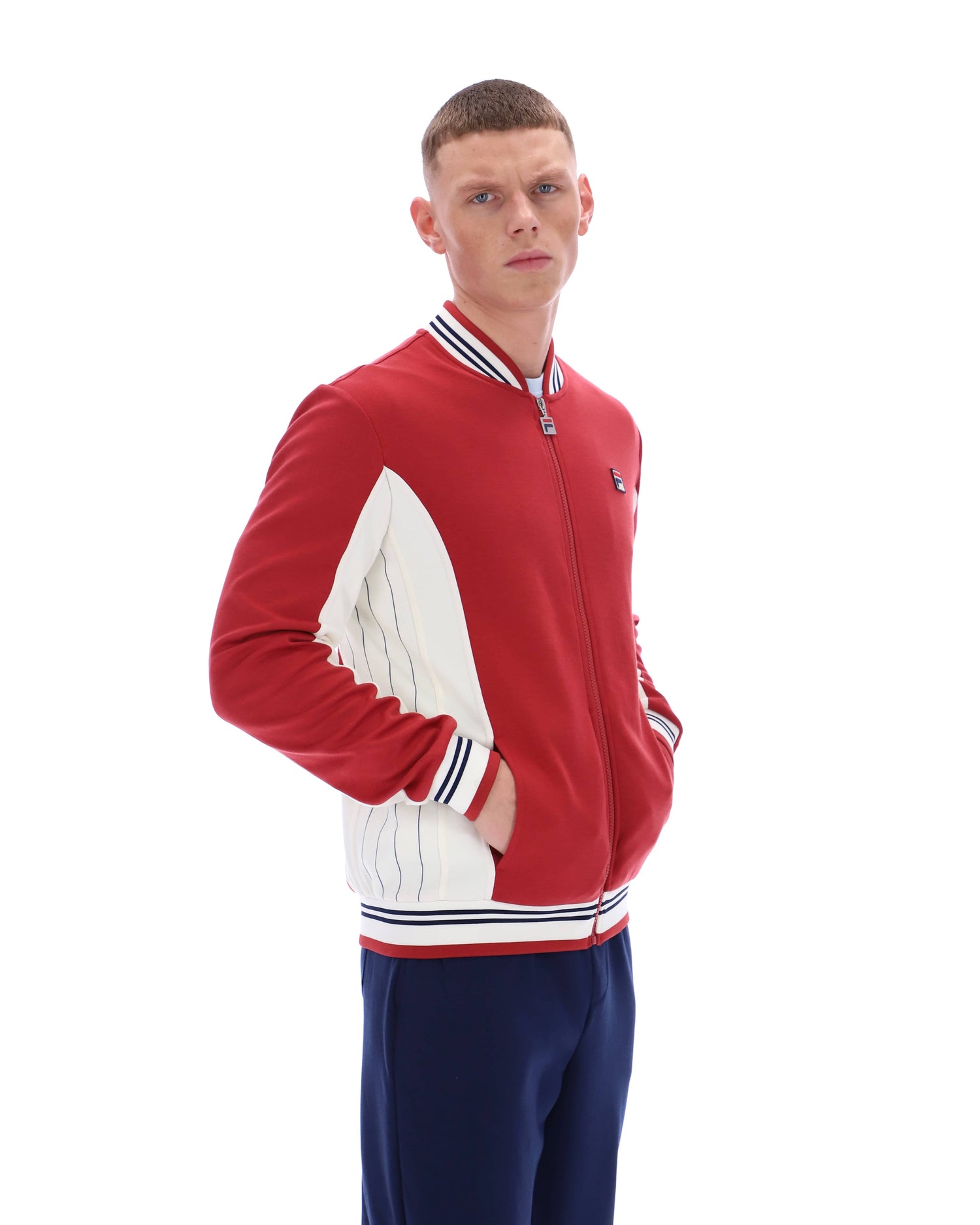 Settanta Baseball Track Jacket in Garnet/Gardenia/Fila Navy