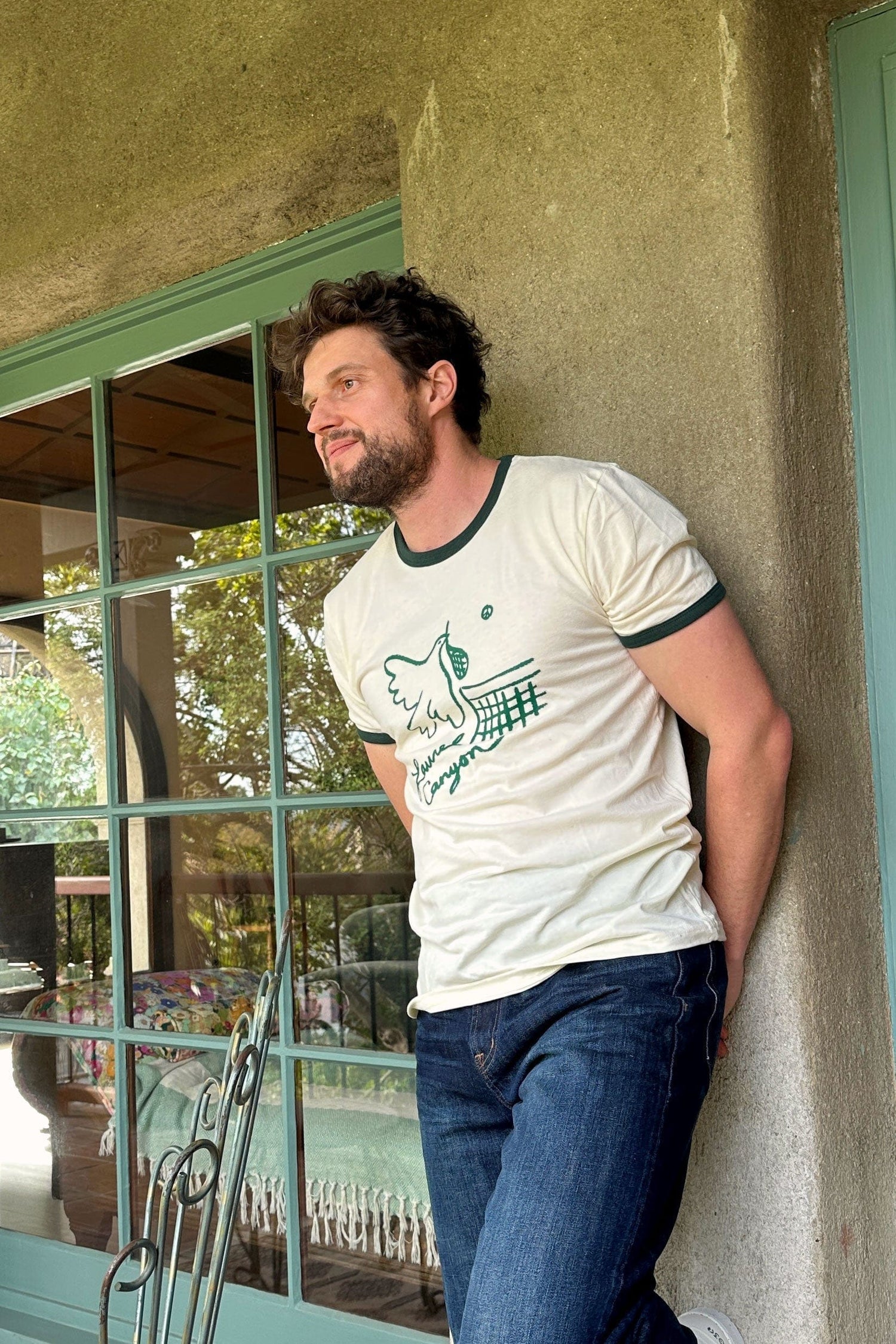 Unisex Laurel Canyon Peace Dove Tennis Ringer Tee in Cream / Dark Green